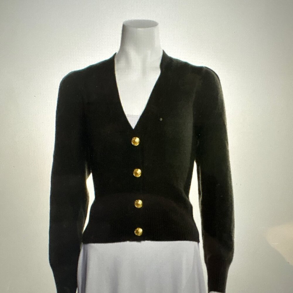 Veronica Beard Black V-Neck Cardigan with Gold Buttons